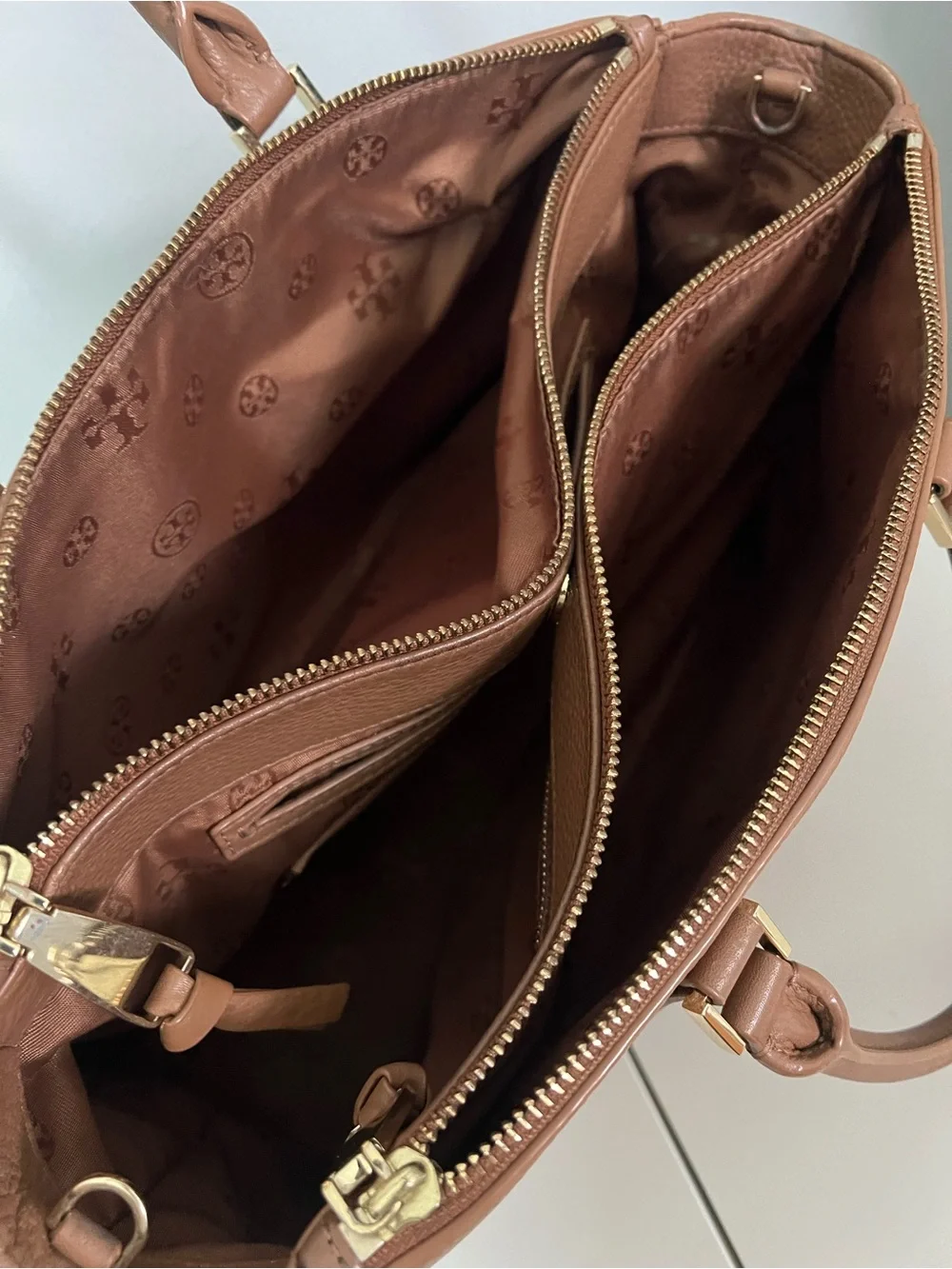 Tory Burch Tan Pebbled Leather Satchel with Wallet and Pom Charm
